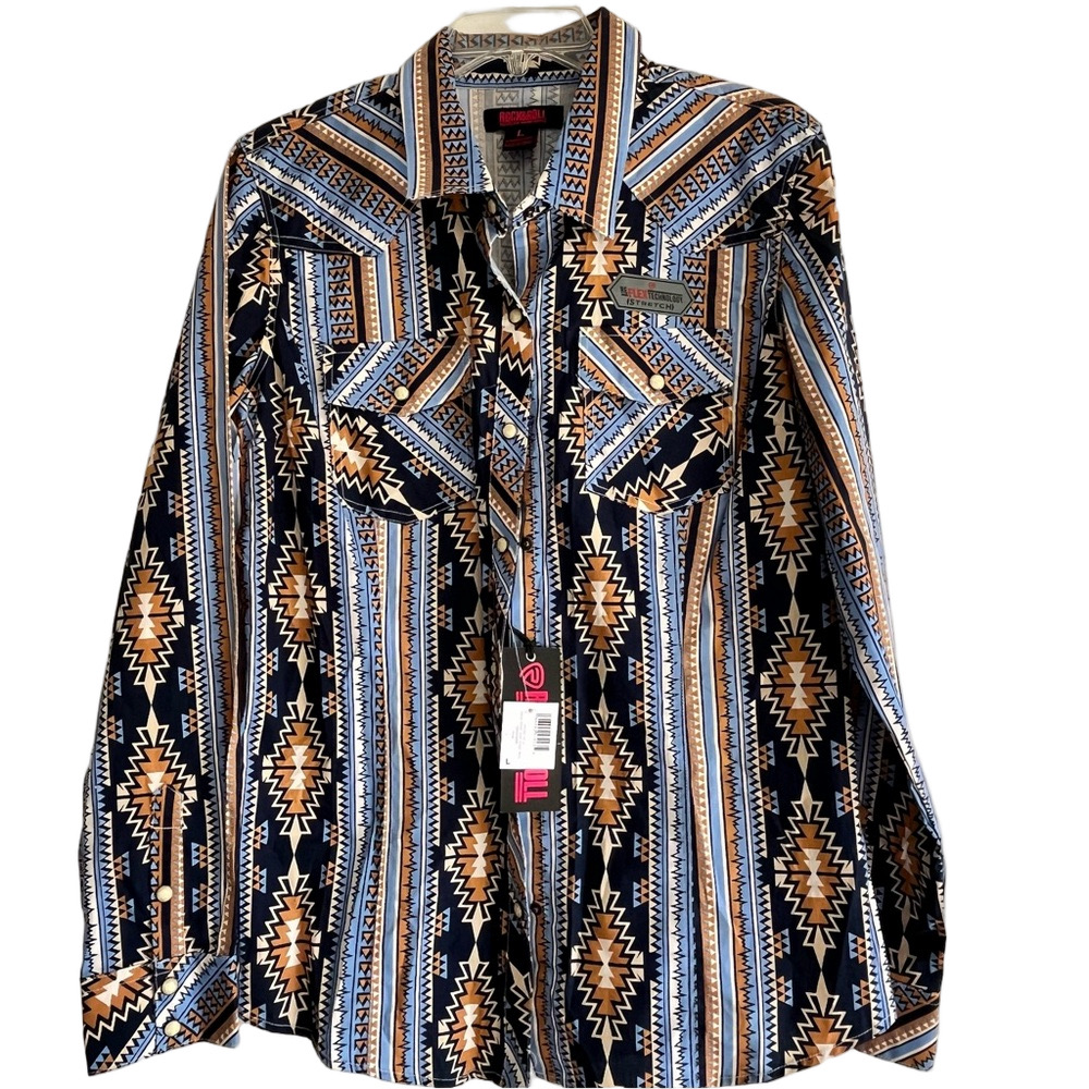 NWT Rock N Roll Aztec Long Sleeve Shirt Blue Snap Button Pockets W Lrg Western